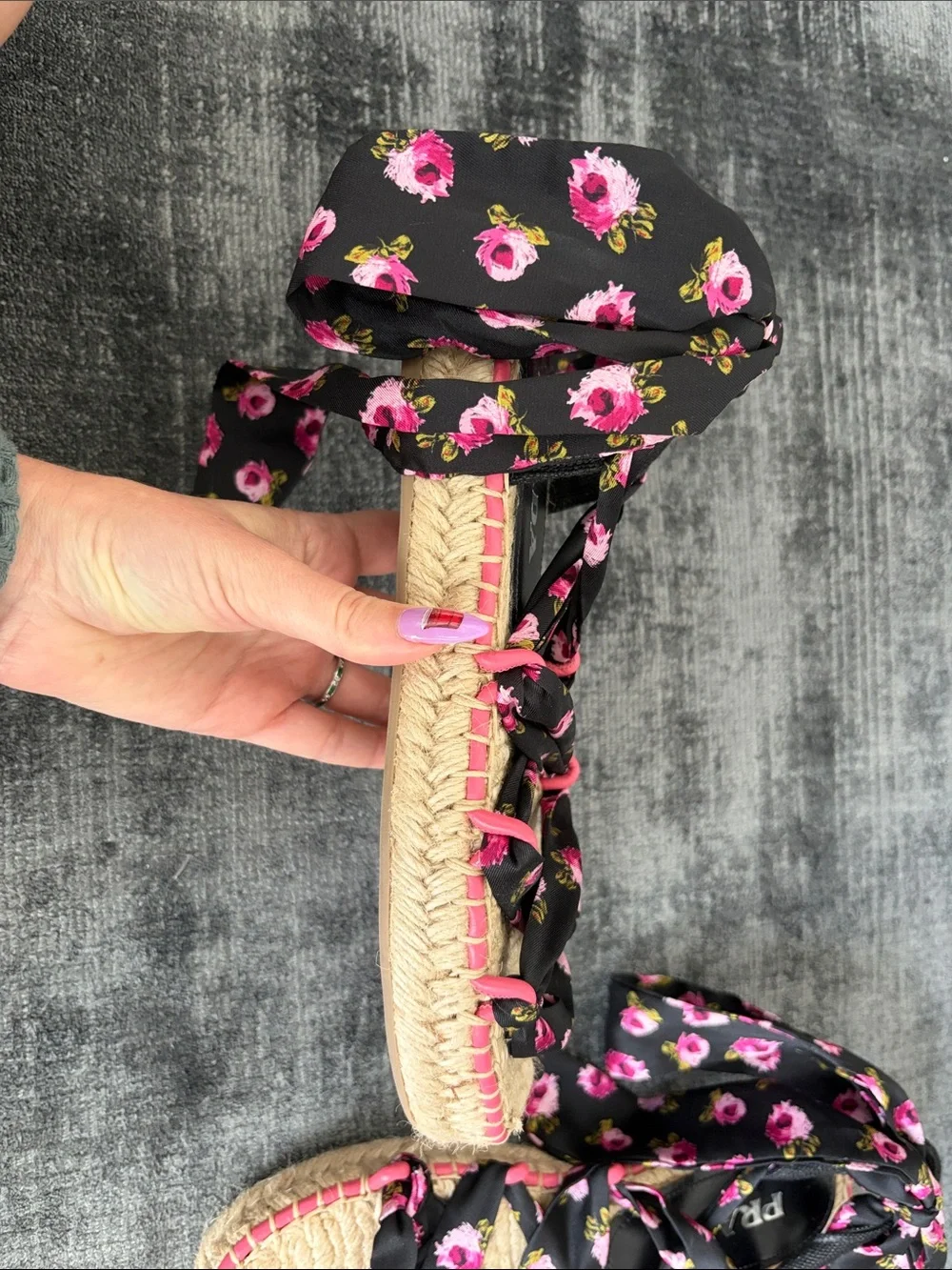 Prada Black Floral Ribbon Espadrille Sandals with Pink Accents